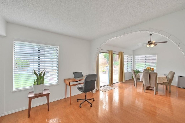 22784 Wren St, Grand Terrace, CA 92313 - office space featuring light wood finished floors, healthy amount of natural light, a textured ceiling, a ceiling fan, and baseboards