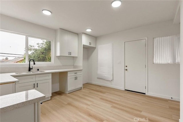 1209 W 40th Pl, Los Angeles, CA 90037 - kitchen featuring a sink, white cabinetry, light countertops, light wood finished floors, and recessed lighting
