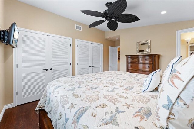 249 Loyola Rd, Costa Mesa, CA 92626 - bedroom featuring multiple closets, dark wood-style floors, baseboards, recessed lighting, and ceiling fan