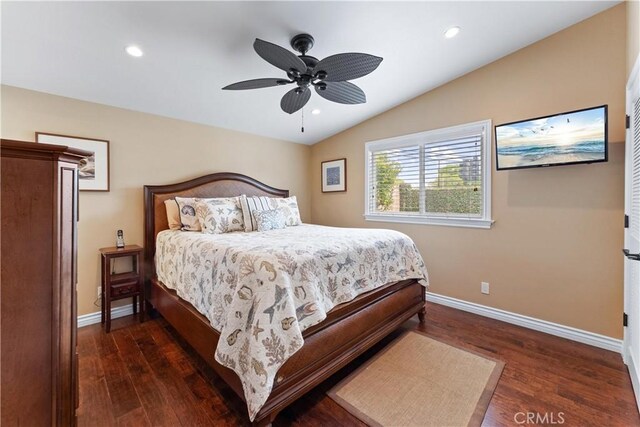 249 Loyola Rd, Costa Mesa, CA 92626 - bedroom with vaulted ceiling, dark wood-type flooring, baseboards, recessed lighting, and ceiling fan