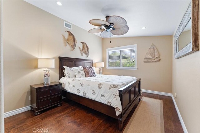 249 Loyola Rd, Costa Mesa, CA 92626 - bedroom featuring dark wood finished floors, baseboards, recessed lighting, and ceiling fan