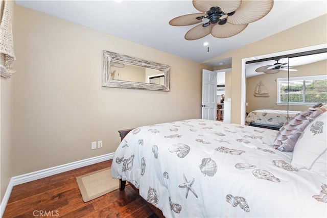 249 Loyola Rd, Costa Mesa, CA 92626 - bedroom featuring dark wood-type flooring, baseboards, lofted ceiling, a closet, and ceiling fan