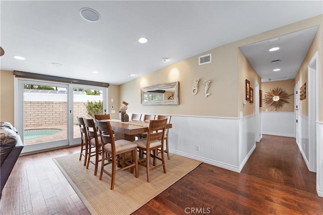249 Loyola Rd, Costa Mesa, CA 92626 - dining room with a wainscoted wall and hardwood / wood-style flooring