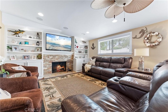 249 Loyola Rd, Costa Mesa, CA 92626 - living area featuring a fireplace, a ceiling fan, vaulted ceiling, built in features, and recessed lighting