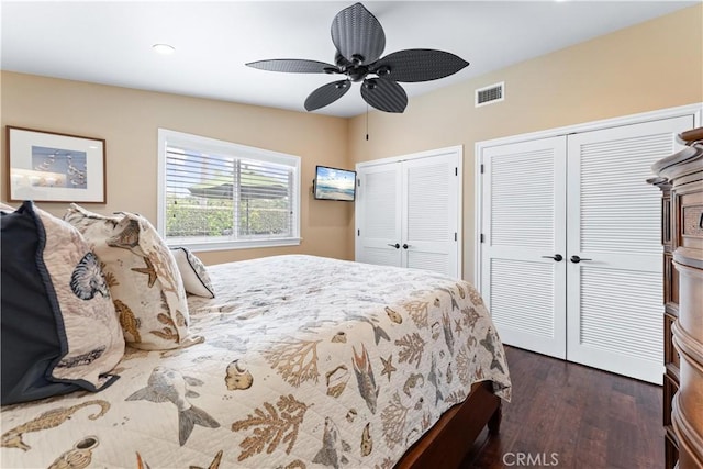 249 Loyola Rd, Costa Mesa, CA 92626 - bedroom with two closets, dark wood-style flooring, recessed lighting, and a ceiling fan