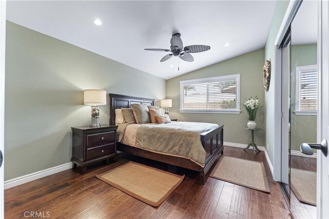249 Loyola Rd, Costa Mesa, CA 92626 - bedroom featuring vaulted ceiling, dark wood finished floors, a ceiling fan, and recessed lighting