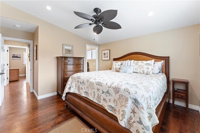 249 Loyola Rd, Costa Mesa, CA 92626 - bedroom with baseboards, wood finished floors, recessed lighting, ceiling fan, and lofted ceiling