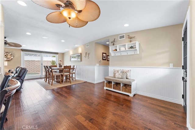 249 Loyola Rd, Costa Mesa, CA 92626 - dining area featuring a ceiling fan, wainscoting, hardwood / wood-style floors, and recessed lighting