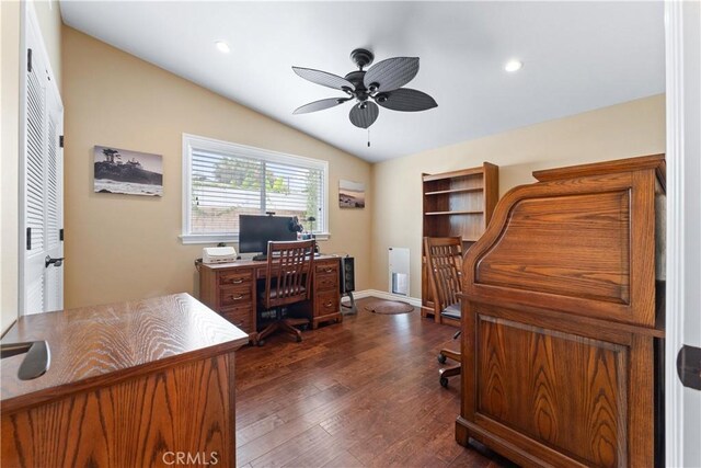 249 Loyola Rd, Costa Mesa, CA 92626 - office area with vaulted ceiling, ceiling fan, dark wood finished floors, recessed lighting, and baseboards
