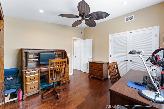 249 Loyola Rd, Costa Mesa, CA 92626 - office space featuring wood finished floors, a ceiling fan, and recessed lighting