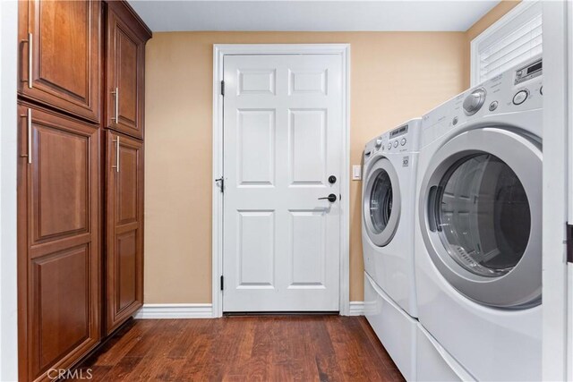 249 Loyola Rd, Costa Mesa, CA 92626 - laundry room with washer and dryer, cabinet space, and dark wood finished floors