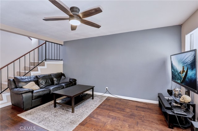 7068 Cerritos Ave Unit 16, Stanton, CA 90680 - living room featuring ceiling fan, stairs, wood finished floors, and baseboards