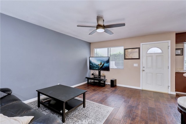 7068 Cerritos Ave Unit 16, Stanton, CA 90680 - living room featuring ceiling fan, baseboards, and dark wood finished floors
