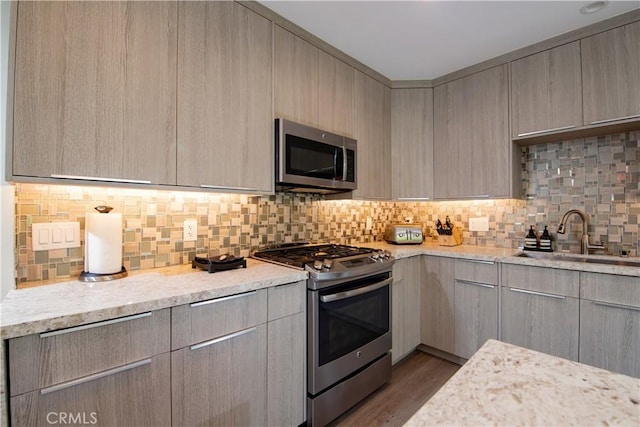 5427 Noble Ave, Sherman Oaks, CA 91411 - kitchen featuring appliances with stainless steel finishes, gray cabinetry, modern cabinets, and backsplash