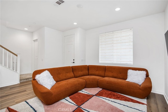 39376 Corvina Ln, Temecula, CA 92591 - living room featuring wood finished floors, stairway, recessed lighting, and baseboards