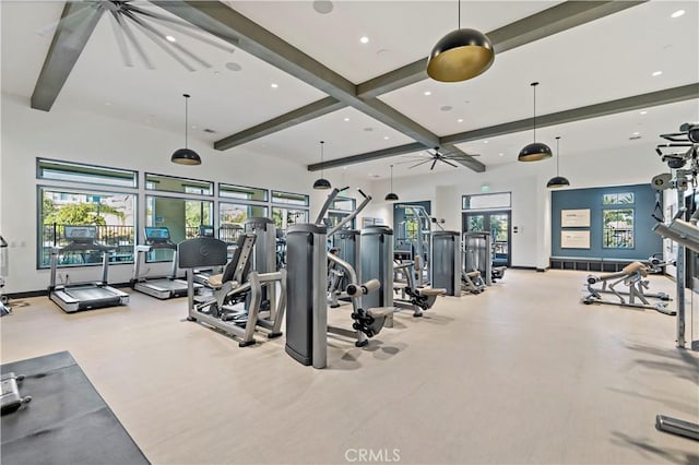 39376 Corvina Ln, Temecula, CA 92591 - gym with beam ceiling, recessed lighting, a ceiling fan, and baseboards