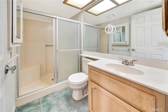 3065 Sabre St, Rosamond, CA 93560 - full bathroom featuring toilet, vanity, a shower stall, and tile patterned floors