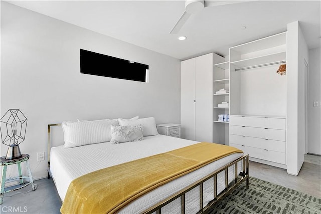 64177 Sullivan Rd, Joshua Tree, CA 92252 - bedroom featuring recessed lighting, concrete floors, and a ceiling fan
