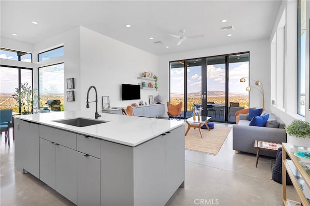 64121 Sullivan Rd, Joshua Tree, CA 92252 - kitchen featuring open floor plan, concrete flooring, a sink, modern cabinets, and plenty of natural light