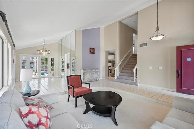 20905 Running Branch Rd, Diamond Bar, CA 91765 - tiled living area featuring a chandelier, high vaulted ceiling, stairs, and baseboards
