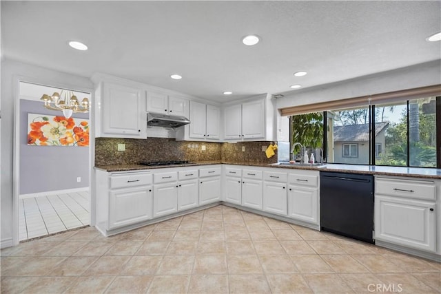 20905 Running Branch Rd, Diamond Bar, CA 91765 - kitchen featuring black appliances, under cabinet range hood, a sink, tasteful backsplash, and light tile patterned floors