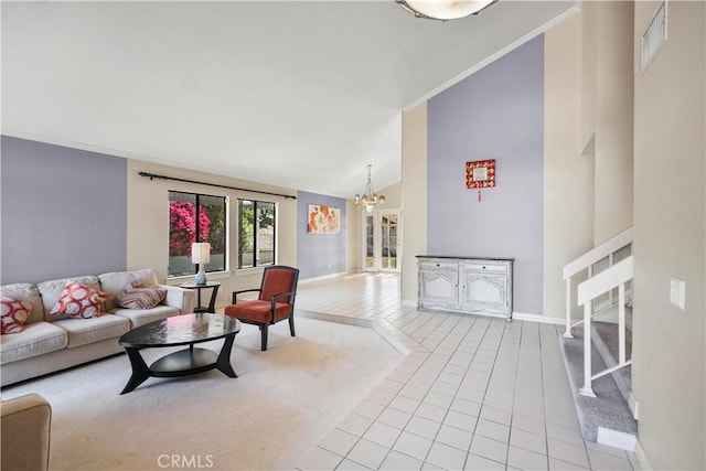 20905 Running Branch Rd, Diamond Bar, CA 91765 - living room featuring light tile patterned flooring, a chandelier, baseboards, high vaulted ceiling, and stairway