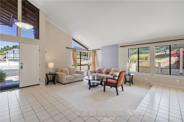 20905 Running Branch Rd, Diamond Bar, CA 91765 - carpeted living room featuring high vaulted ceiling, tile patterned floors, baseboards, and crown molding
