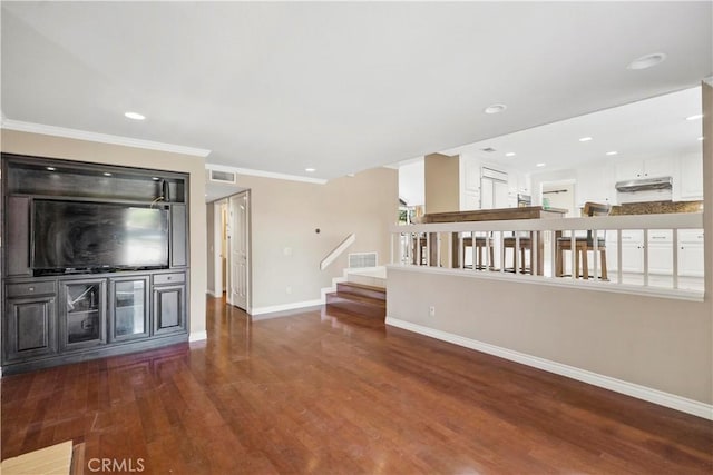 20905 Running Branch Rd, Diamond Bar, CA 91765 - unfurnished living room with baseboards, wood finished floors, stairs, ornamental molding, and recessed lighting