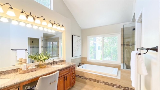 4 Salerno, Irvine, CA 92614 - bathroom with double vanity, a bath, lofted ceiling, and tiled shower