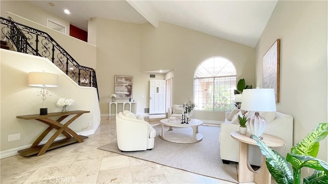 4 Salerno, Irvine, CA 92614 - living room with high vaulted ceiling, beam ceiling, and stairway