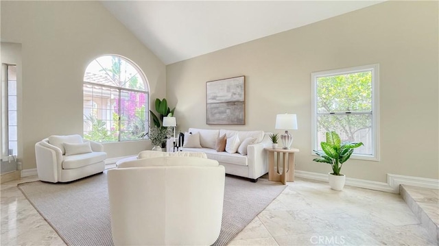 4 Salerno, Irvine, CA 92614 - living room with light marble finish floors, plenty of natural light, and high vaulted ceiling