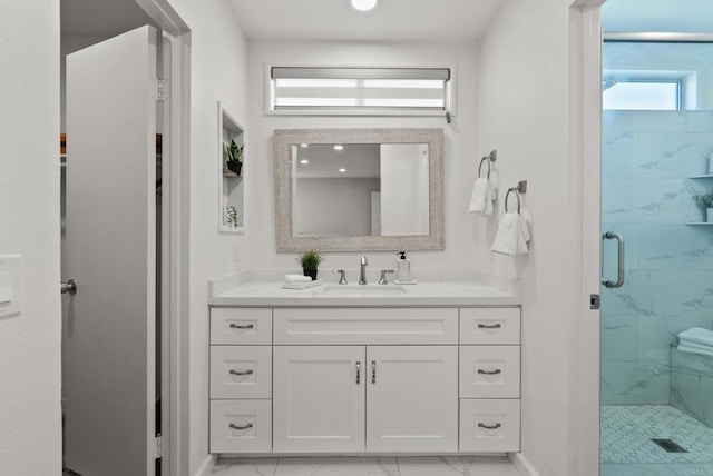 21905 Grovepark Dr, Saugus, CA 91350 - bathroom with marble finish floors, a marble finish shower, and vanity