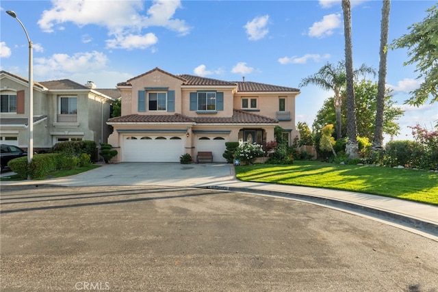 22440 Skylake Pl, Saugus, CA 91390 - view of front of property with a garage, stucco siding, concrete driveway, a tiled roof, and a front yard
