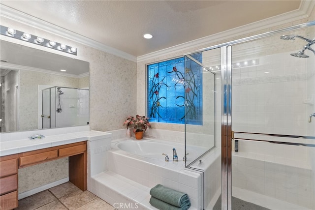 22440 Skylake Pl, Saugus, CA 91390 - full bath with ornamental molding, vanity, a garden tub, a stall shower, and tile patterned floors