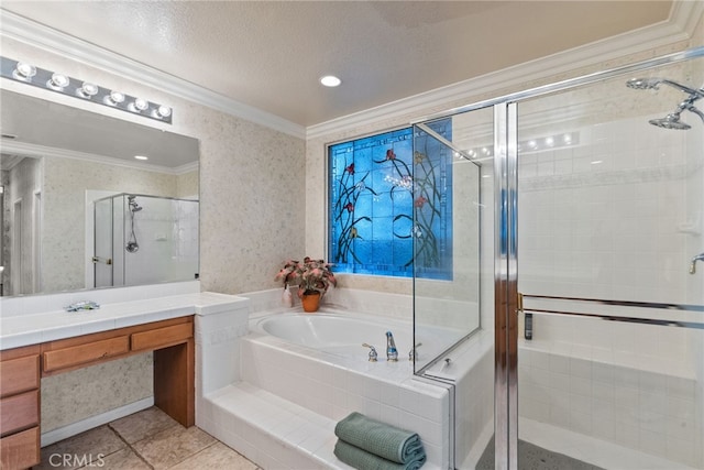 22440 Skylake Pl, Saugus, CA 91390 - bathroom featuring ornamental molding, vanity, a bath, a stall shower, and tile patterned floors