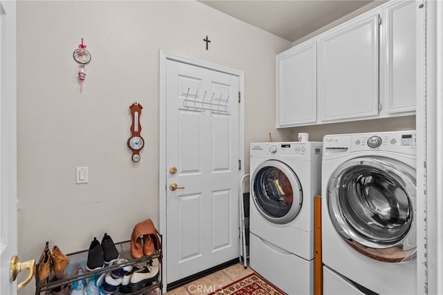 22440 Skylake Pl, Saugus, CA 91390 - washroom featuring separate washer and dryer, cabinet space, and light tile patterned flooring