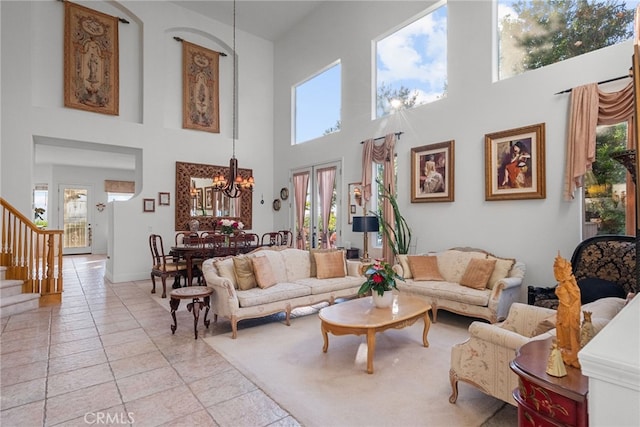 22440 Skylake Pl, Saugus, CA 91390 - living area featuring a chandelier, plenty of natural light, stairway, and a high ceiling