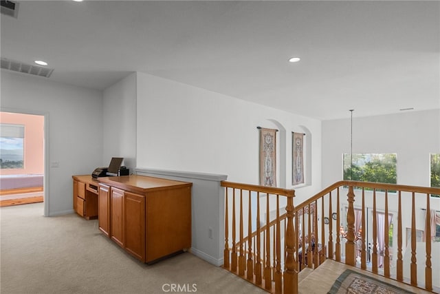22440 Skylake Pl, Saugus, CA 91390 - corridor with light carpet, recessed lighting, an upstairs landing, baseboards, and an office area