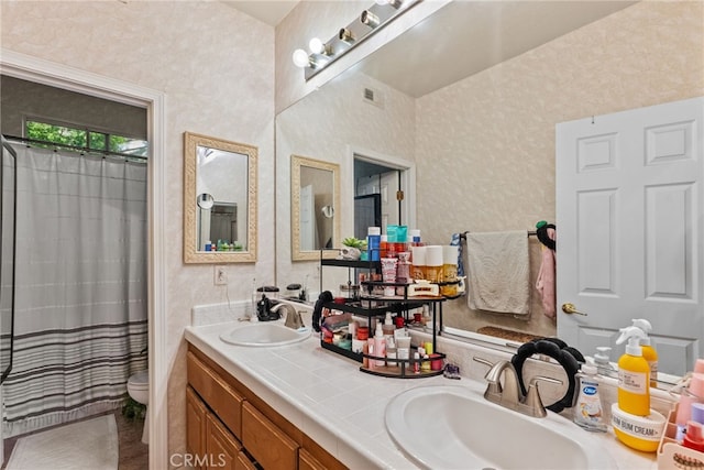 22440 Skylake Pl, Saugus, CA 91390 - full bathroom with double vanity, toilet, tile patterned flooring, and curtained shower