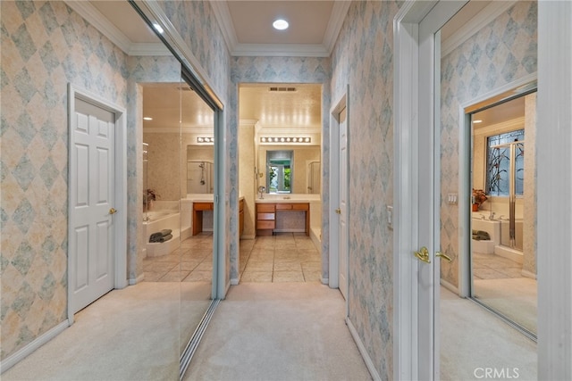 22440 Skylake Pl, Saugus, CA 91390 - hall with ornamental molding, wallpapered walls, carpet flooring, tile patterned floors, and baseboards