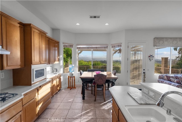 22440 Skylake Pl, Saugus, CA 91390 - kitchen with white microwave, a sink, light countertops, recessed lighting, and exhaust hood