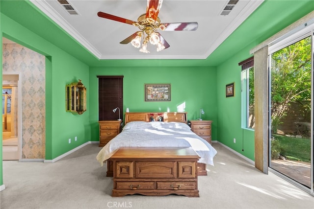 22440 Skylake Pl, Saugus, CA 91390 - bedroom featuring light colored carpet, a raised ceiling, baseboards, crown molding, and a ceiling fan