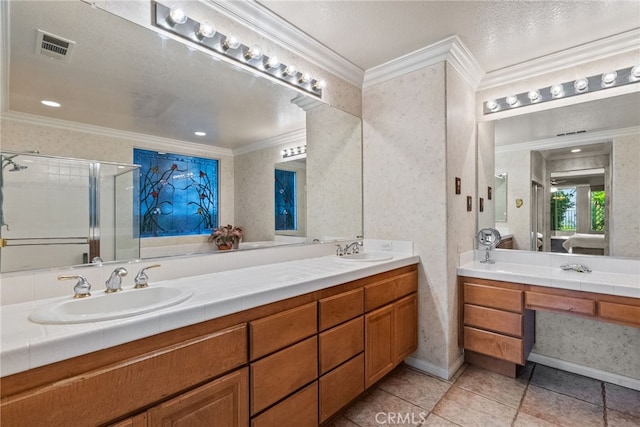 22440 Skylake Pl, Saugus, CA 91390 - bathroom with crown molding, double vanity, tile patterned floors, and a shower stall