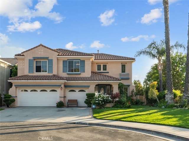 22440 Skylake Pl, Saugus, CA 91390 - view of front of home with an attached garage, stucco siding, a tiled roof, concrete driveway, and a front lawn