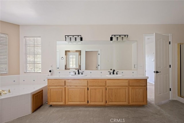 26350 Spyglass Dr, Lake Arrowhead, CA 92352 - full bathroom featuring a shower stall, double vanity, a garden tub, and carpet flooring