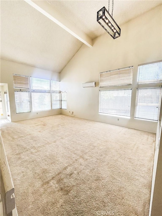 23878 Bouquet Canyon Pl, Moreno Valley, CA 92557 - carpeted spare room featuring beam ceiling, high vaulted ceiling, and a textured ceiling