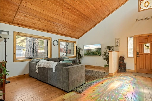 31297 All View Dr, Running Springs, CA 92382 - living room featuring wood ceiling, light wood finished floors, high vaulted ceiling, and baseboards