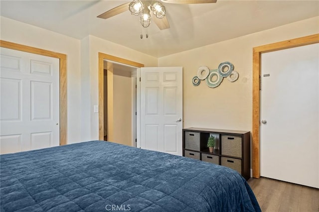 31297 All View Dr, Running Springs, CA 92382 - bedroom featuring wood finished floors and a ceiling fan