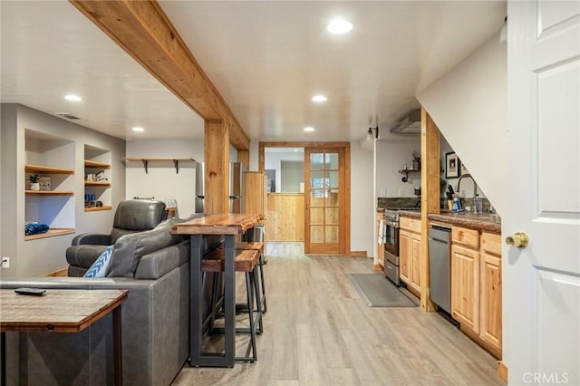 31297 All View Dr, Running Springs, CA 92382 - indoor wet bar featuring stainless steel appliances, light wood-style flooring, recessed lighting, and baseboards