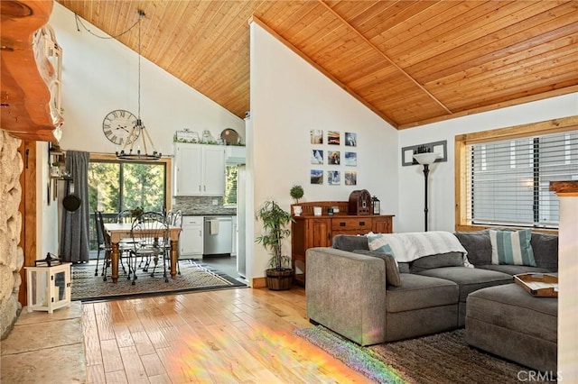 31297 All View Dr, Running Springs, CA 92382 - living room with wooden ceiling, high vaulted ceiling, and light wood-style floors